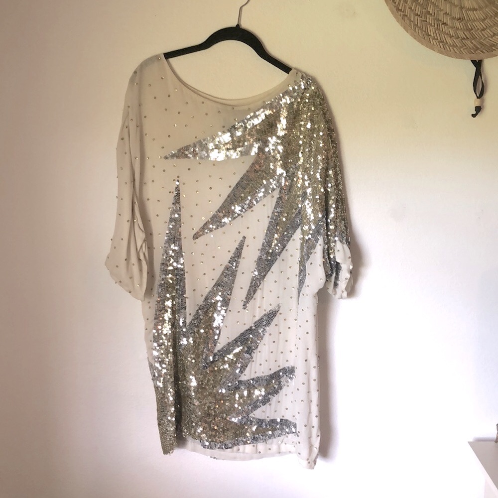 Sequin-Embellished Cream Party Dress